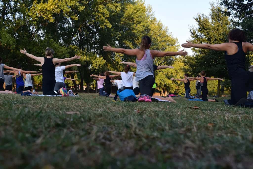 A group of educators doing yoga outdoors